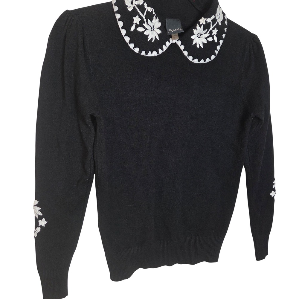 Aeda Peter Pan Collar Black Sweater‎ Embroidered Floral Knit Academia Work XS